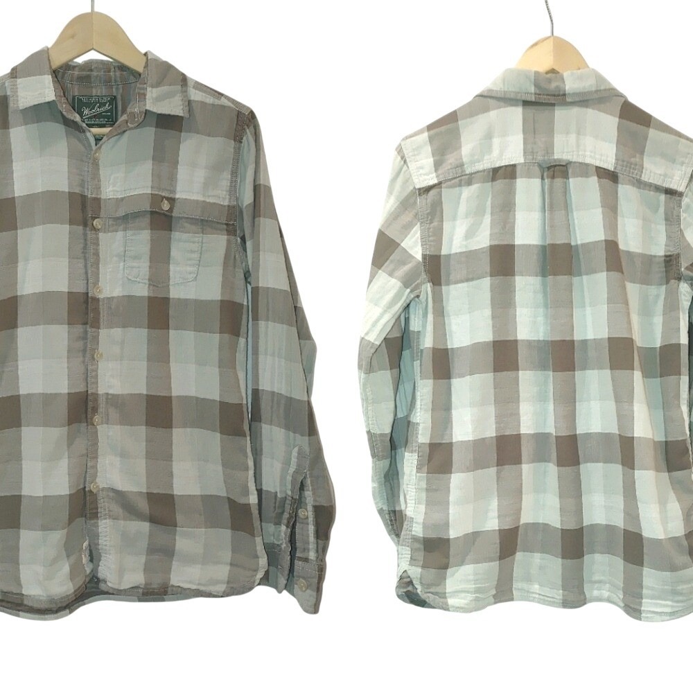 Woolrich Organic Cotton Button Front‎ Plaid Shirt Small S Gray Brown Neutral